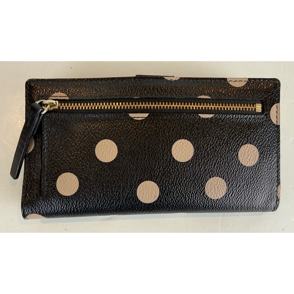 Kate Spade Polka Dot Slim Bifold Wallet Black/Cream Leather Zippered Pocket GUC - Picture 2 of 11